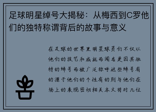 足球明星绰号大揭秘：从梅西到C罗他们的独特称谓背后的故事与意义